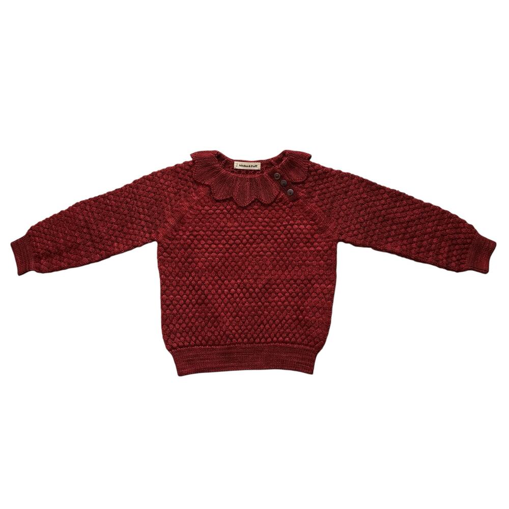 Misha & Puff Merino Wool Flower Pullover Sweater In Cranberry Size 6-7y
